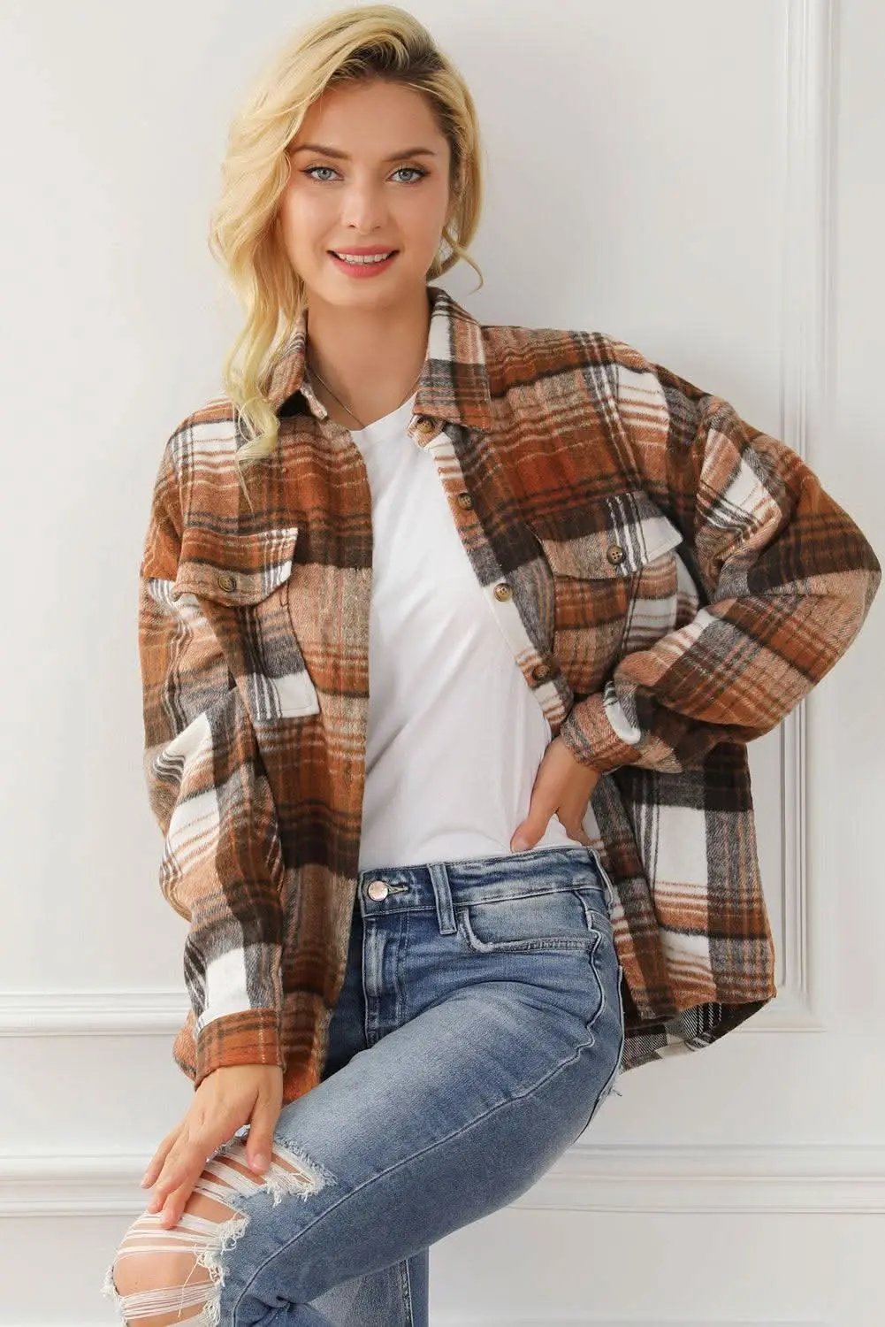 Accessories Love Salve Brown Plaid Flap Pockets Shacket