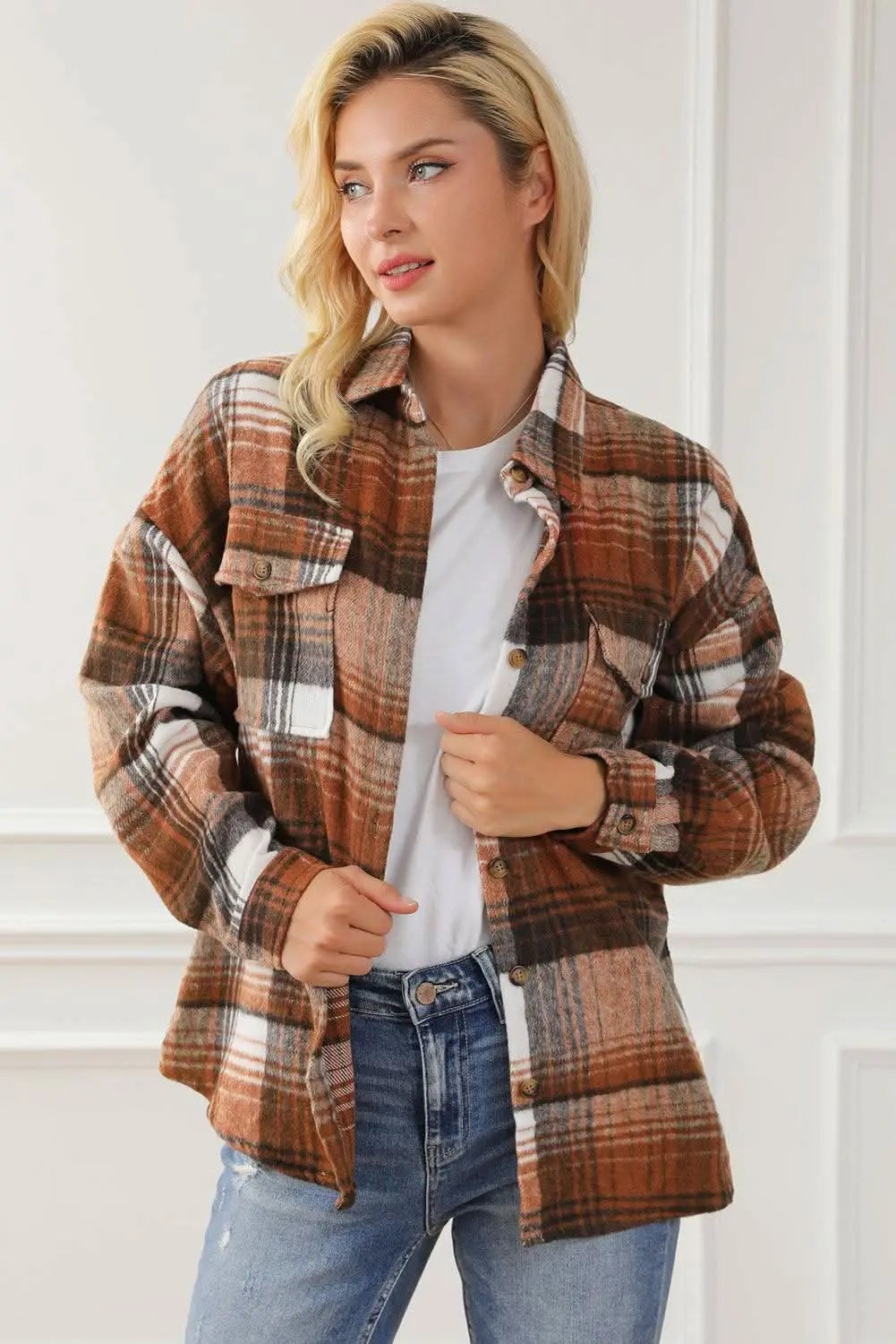Accessories Love Salve Brown Plaid Flap Pockets Shacket