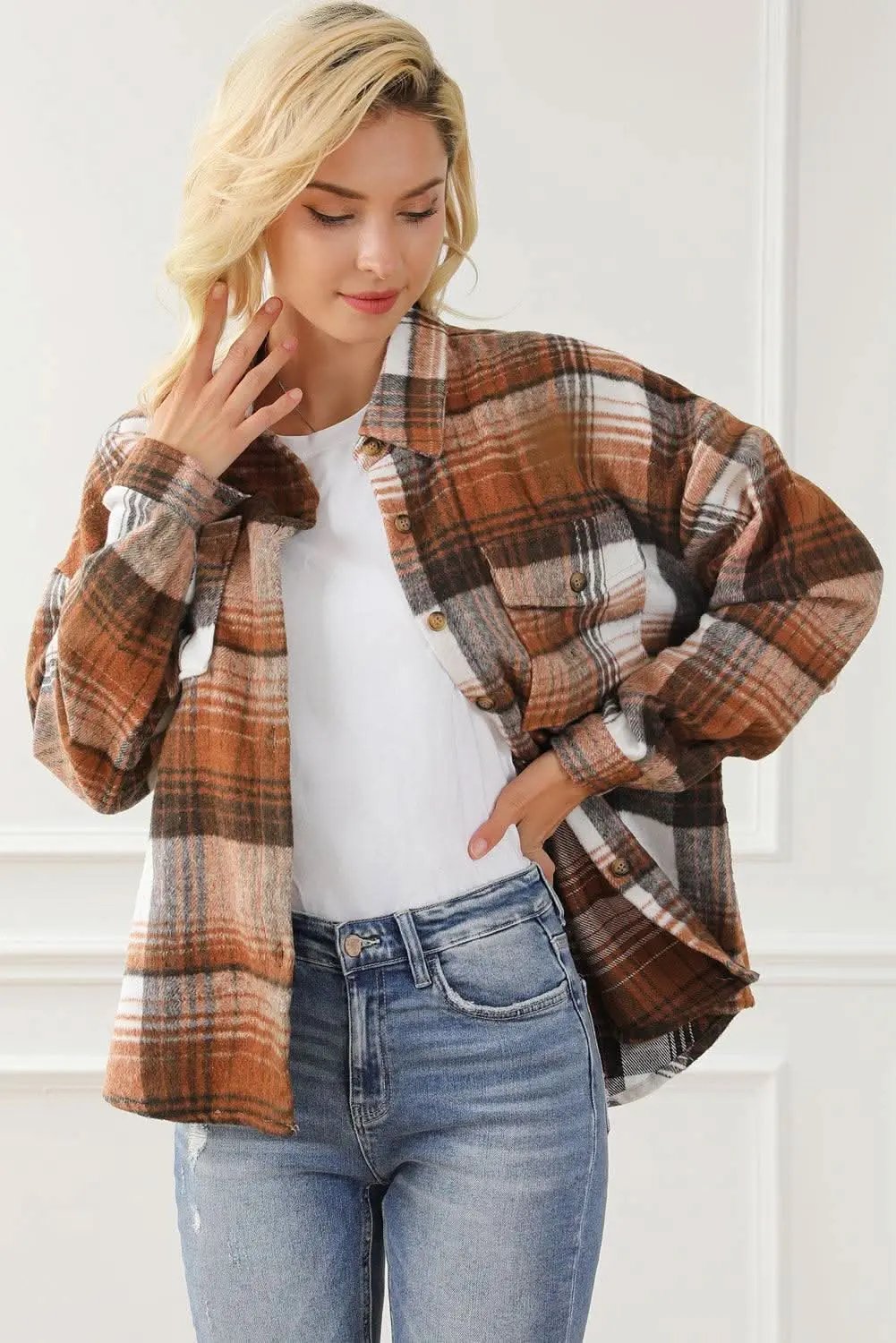 Accessories Love Salve Brown Plaid Flap Pockets Shacket