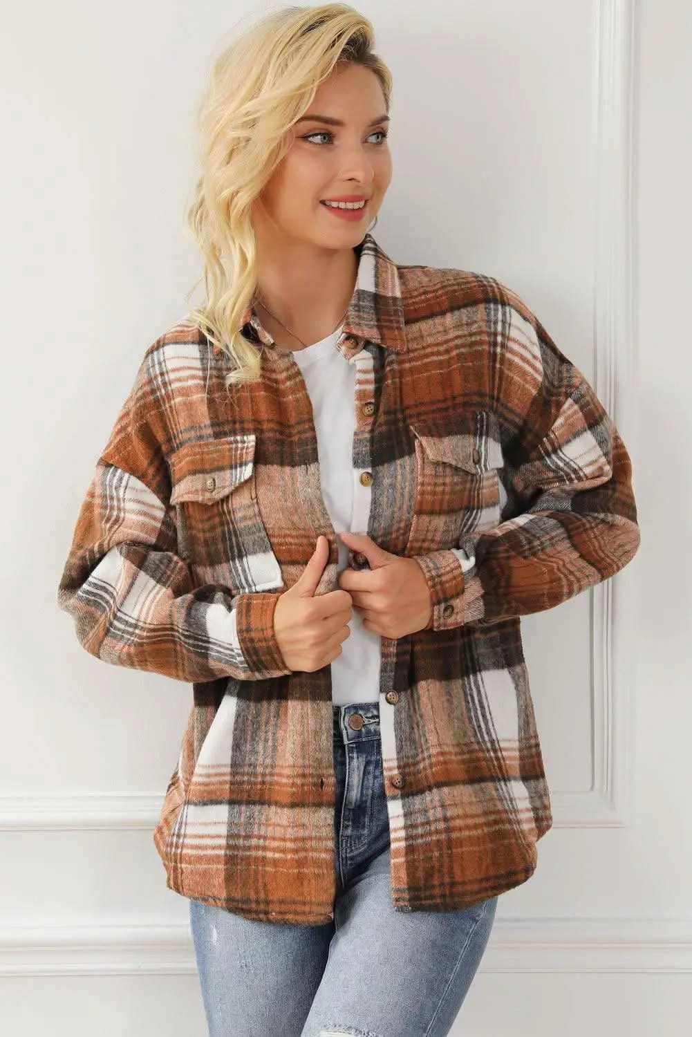Accessories Love Salve Brown Plaid Flap Pockets Shacket