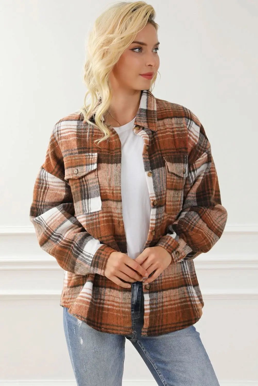 Accessories Love Salve Brown Plaid Flap Pockets Shacket
