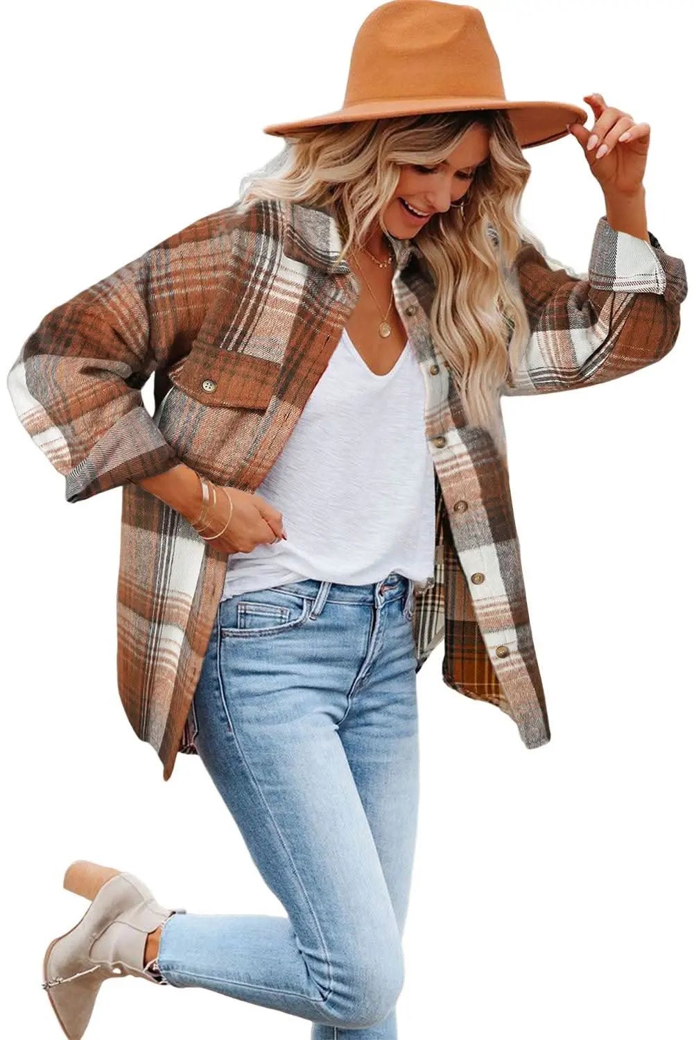 Accessories Love Salve Brown Plaid Flap Pockets Shacket
