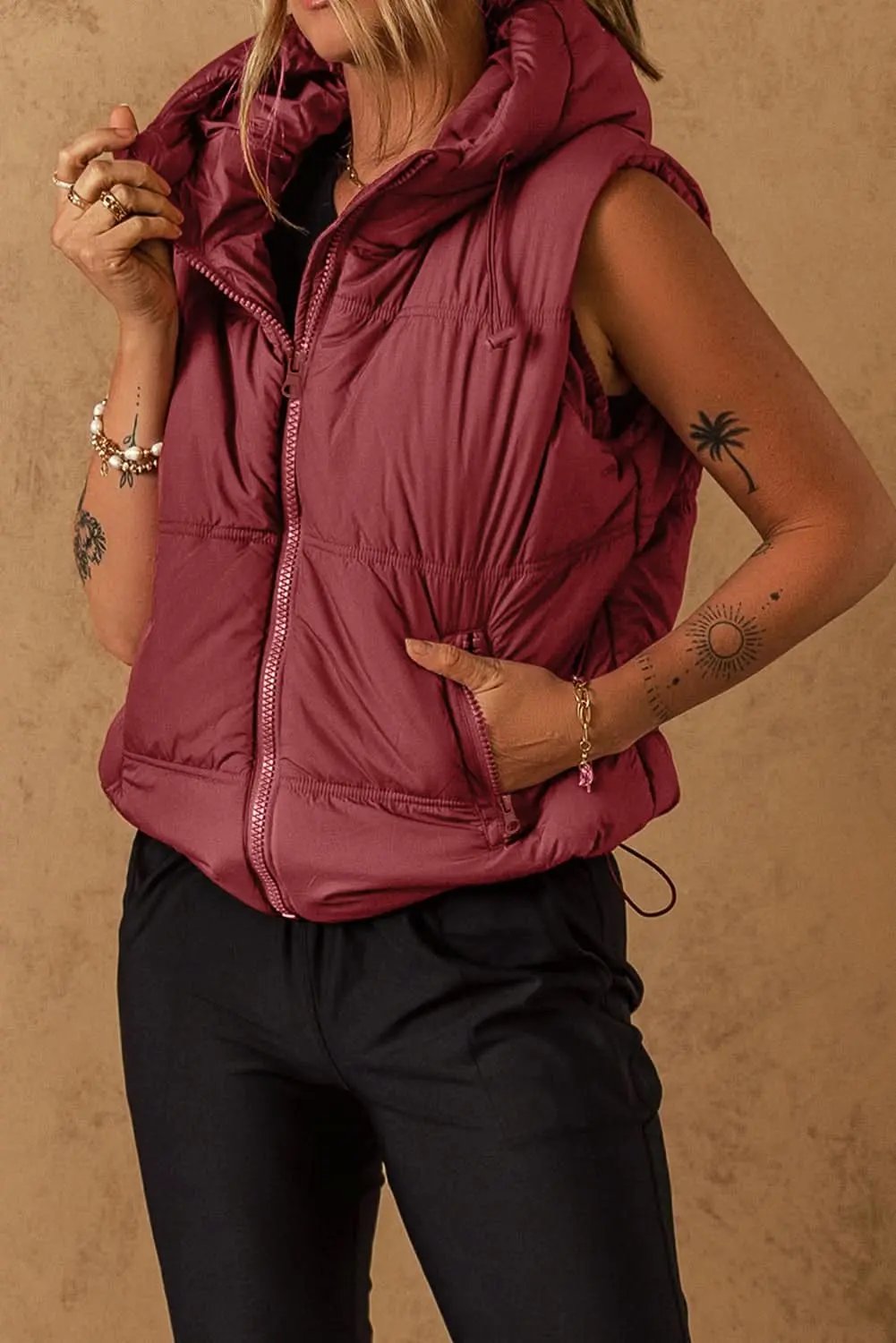 Outerwear/Vests Love Salve Clay hooded puffer vest with pockets