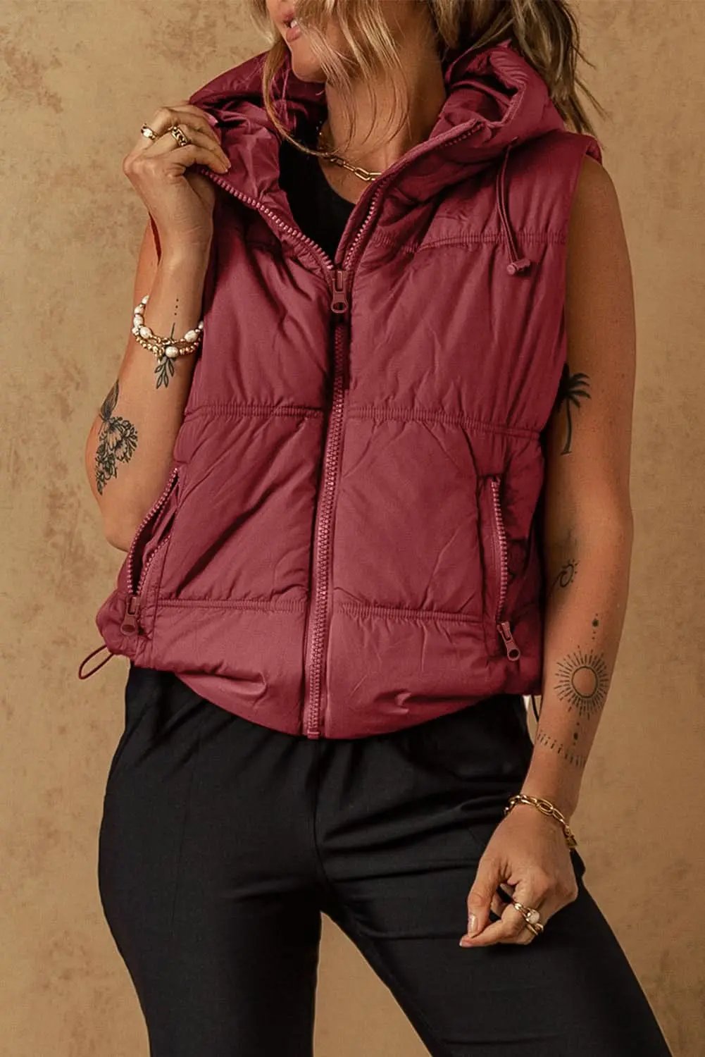 Outerwear/Vests Love Salve Clay hooded puffer vest with pockets