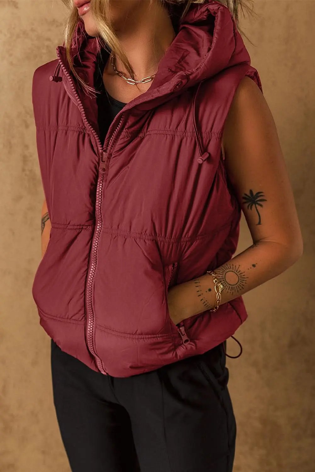 Outerwear/Vests Love Salve Clay hooded puffer vest with pockets