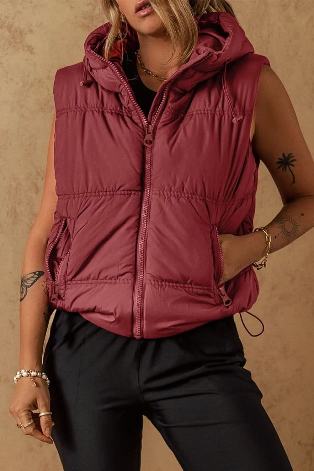 Outerwear/Vests Love Salve Clay hooded puffer vest with pockets