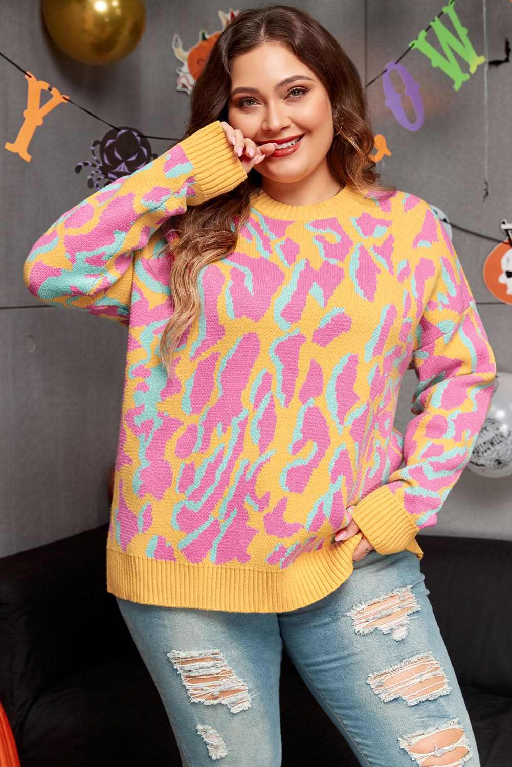 Sweaters Love Salve Pink Leopard Plus Size Women's Sweater - Daily Winter Style, Comfy Fit