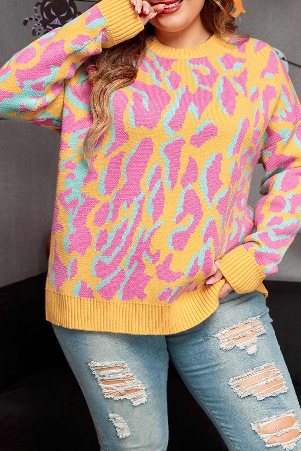 Sweaters Love Salve Pink Leopard Plus Size Women's Sweater - Daily Winter Style, Comfy Fit