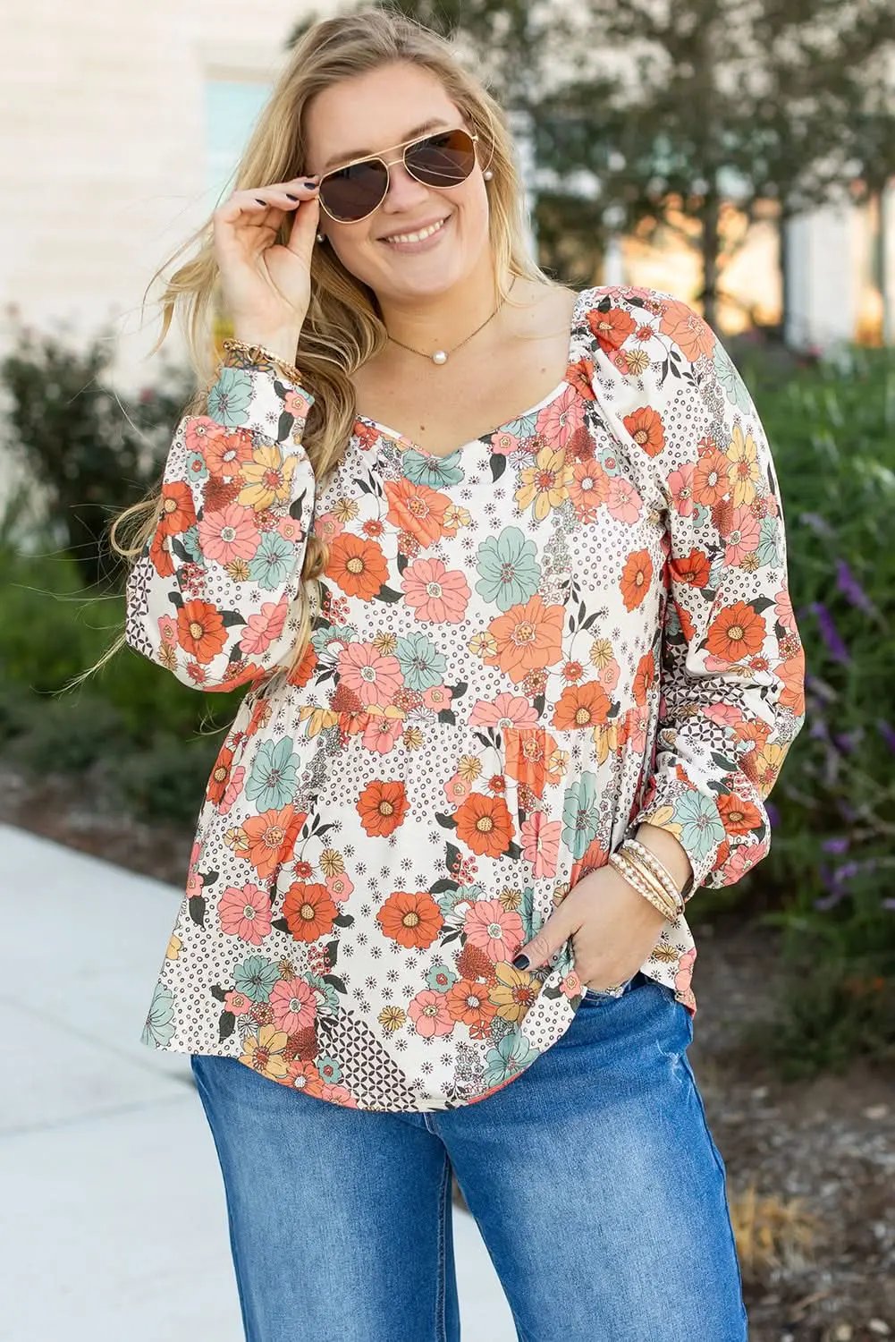 Love Salve Khaki Floral Peplum Blouse — Plus Size Women's Top