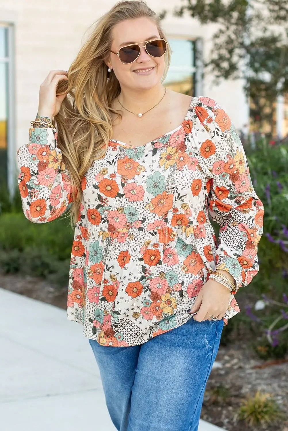 Love Salve Khaki Floral Peplum Blouse — Plus Size Women's Top