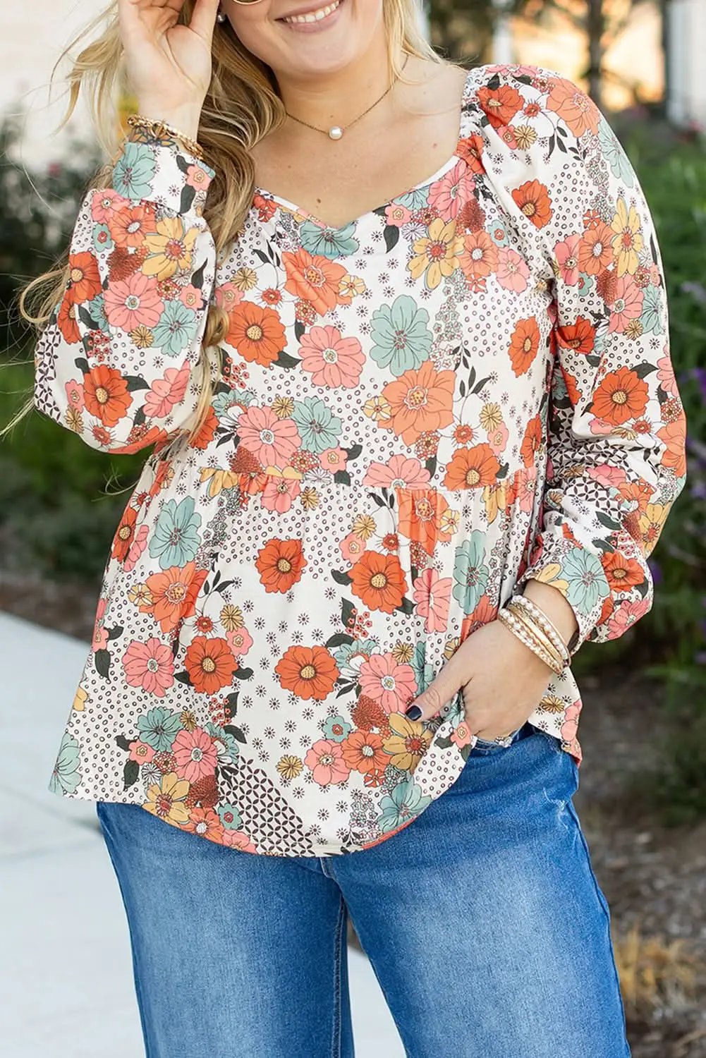 Love Salve Khaki Floral Peplum Blouse — Plus Size Women's Top