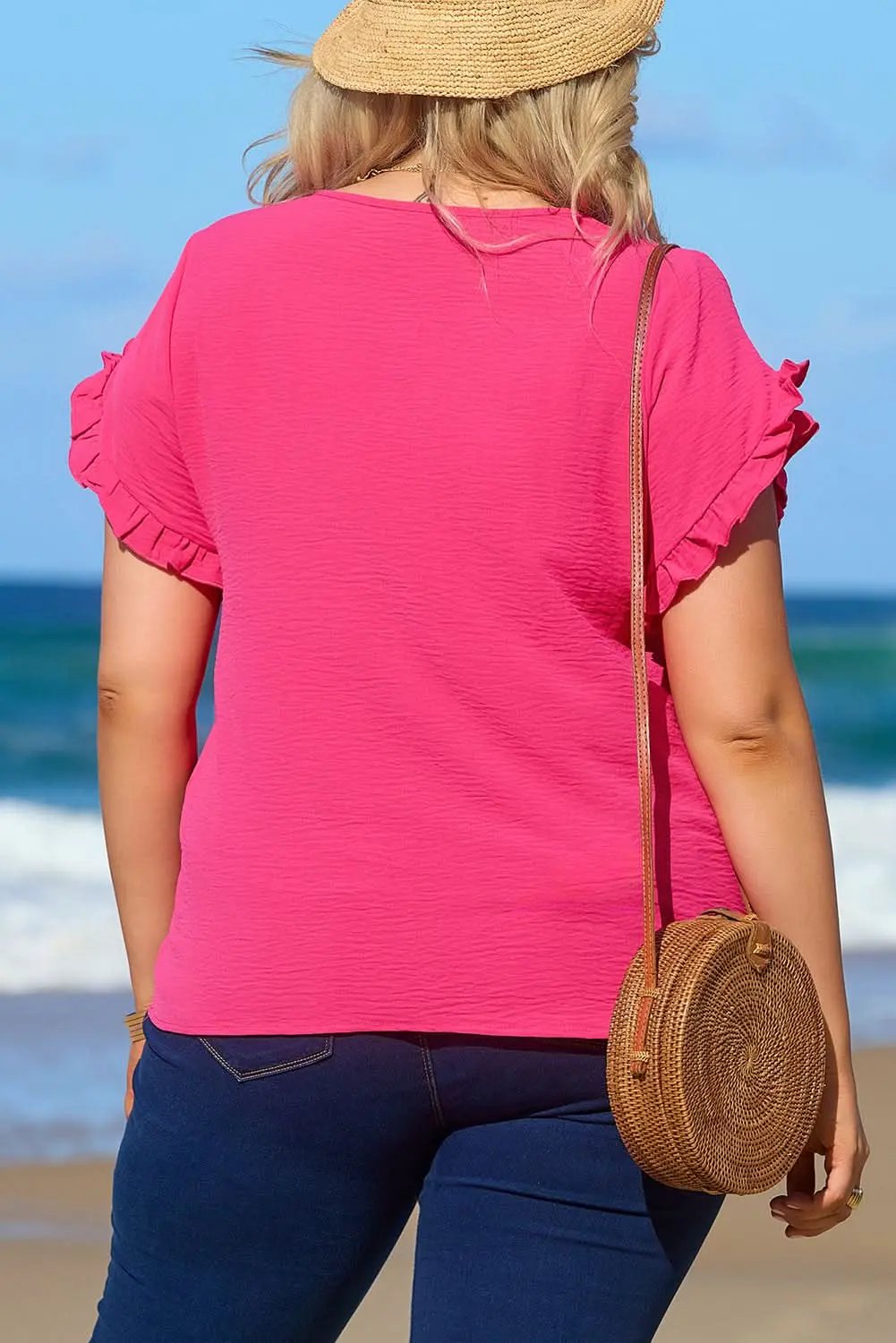 Pants Love Salve Bright Pink Ruffled Short Sleeve Plus Size Top