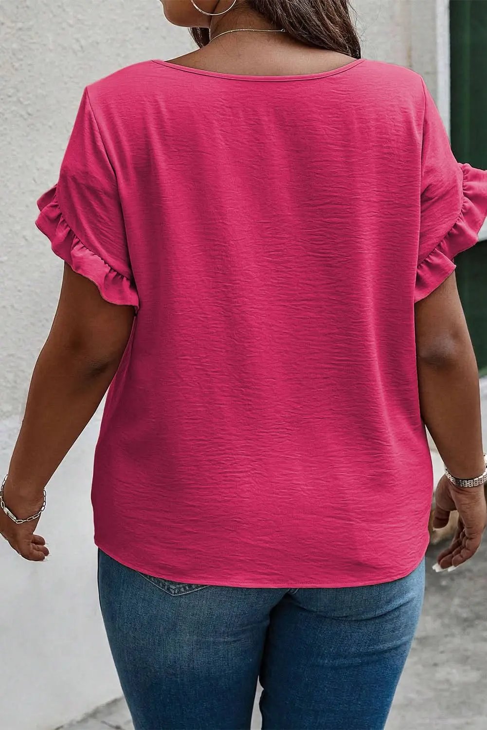 Pants Love Salve Bright Pink Ruffled Short Sleeve Plus Size Top