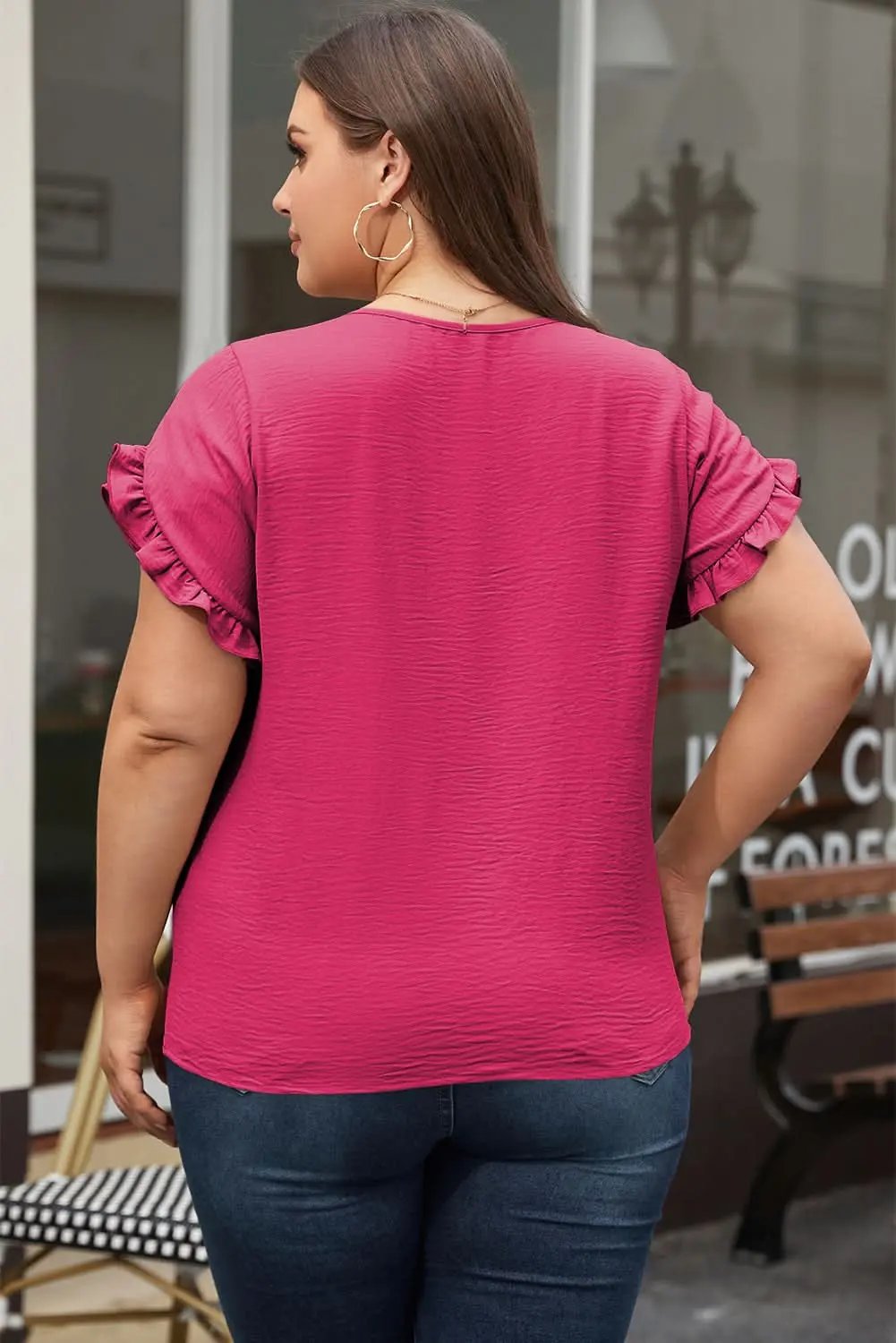 Pants Love Salve Bright Pink Ruffled Short Sleeve Plus Size Top