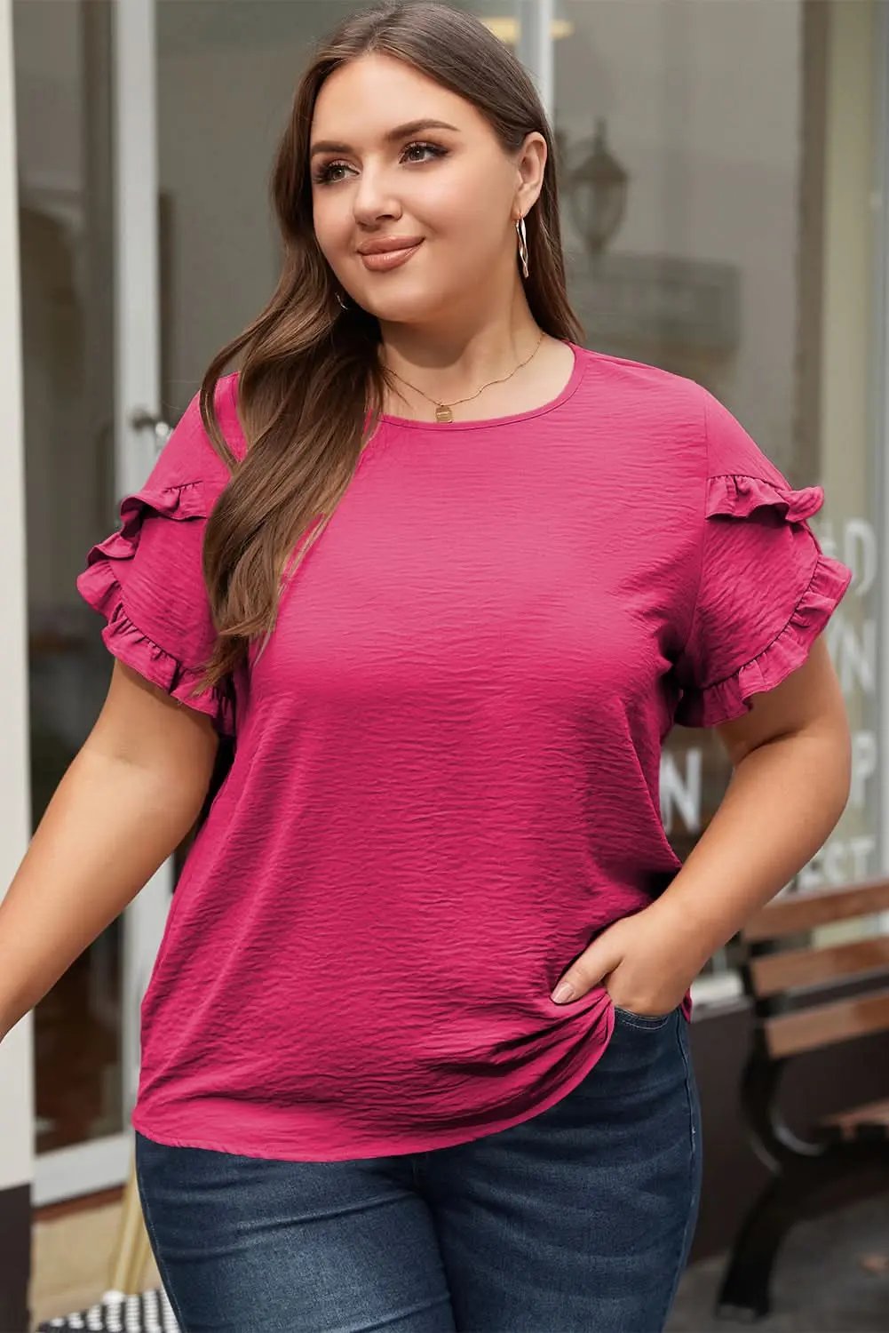 Pants Love Salve Bright Pink Ruffled Short Sleeve Plus Size Top
