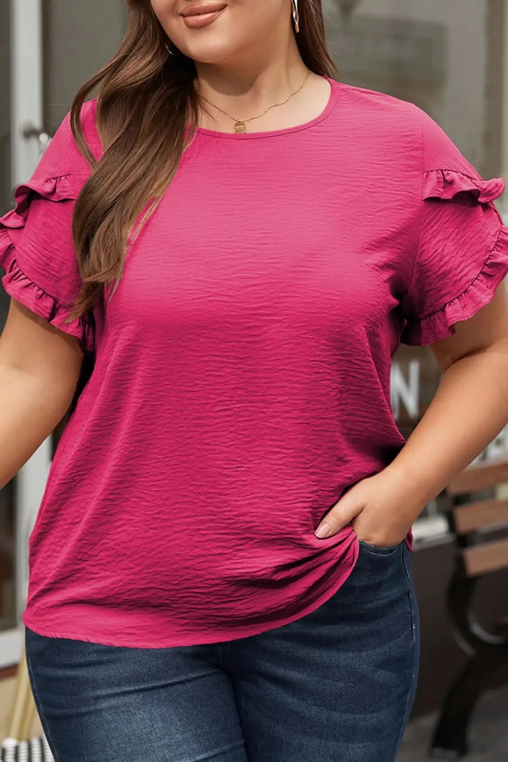 Pants Love Salve Bright Pink Ruffled Short Sleeve Plus Size Top