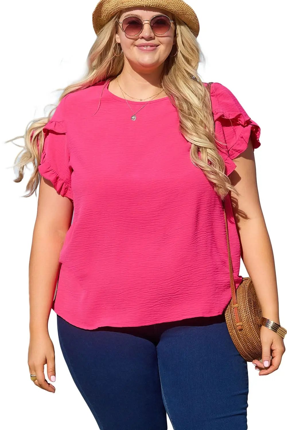 Pants Love Salve Bright Pink Ruffled Short Sleeve Plus Size Top