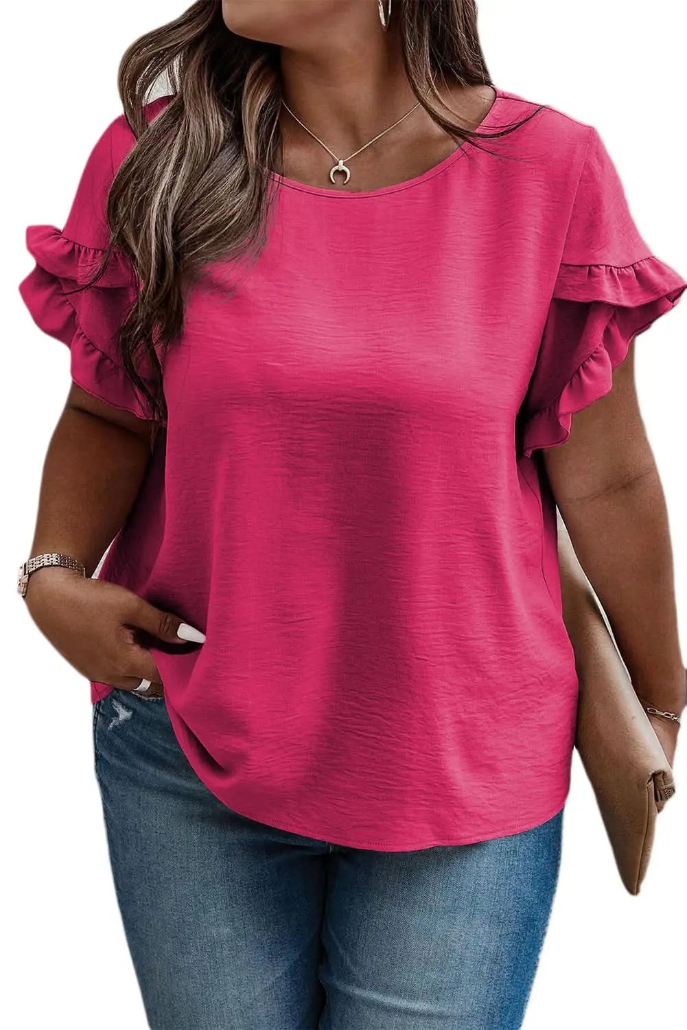Pants Love Salve Bright Pink Ruffled Short Sleeve Plus Size Top