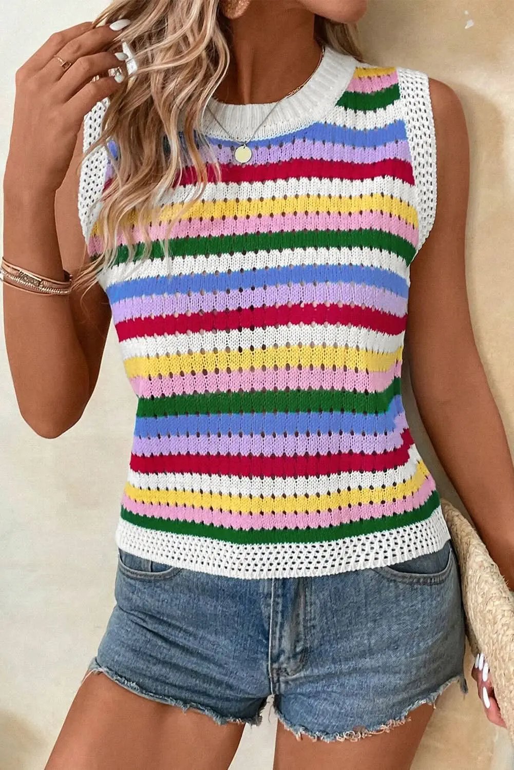 Sweaters Love Salve Vibrant striped knitted vest with eyelet detail