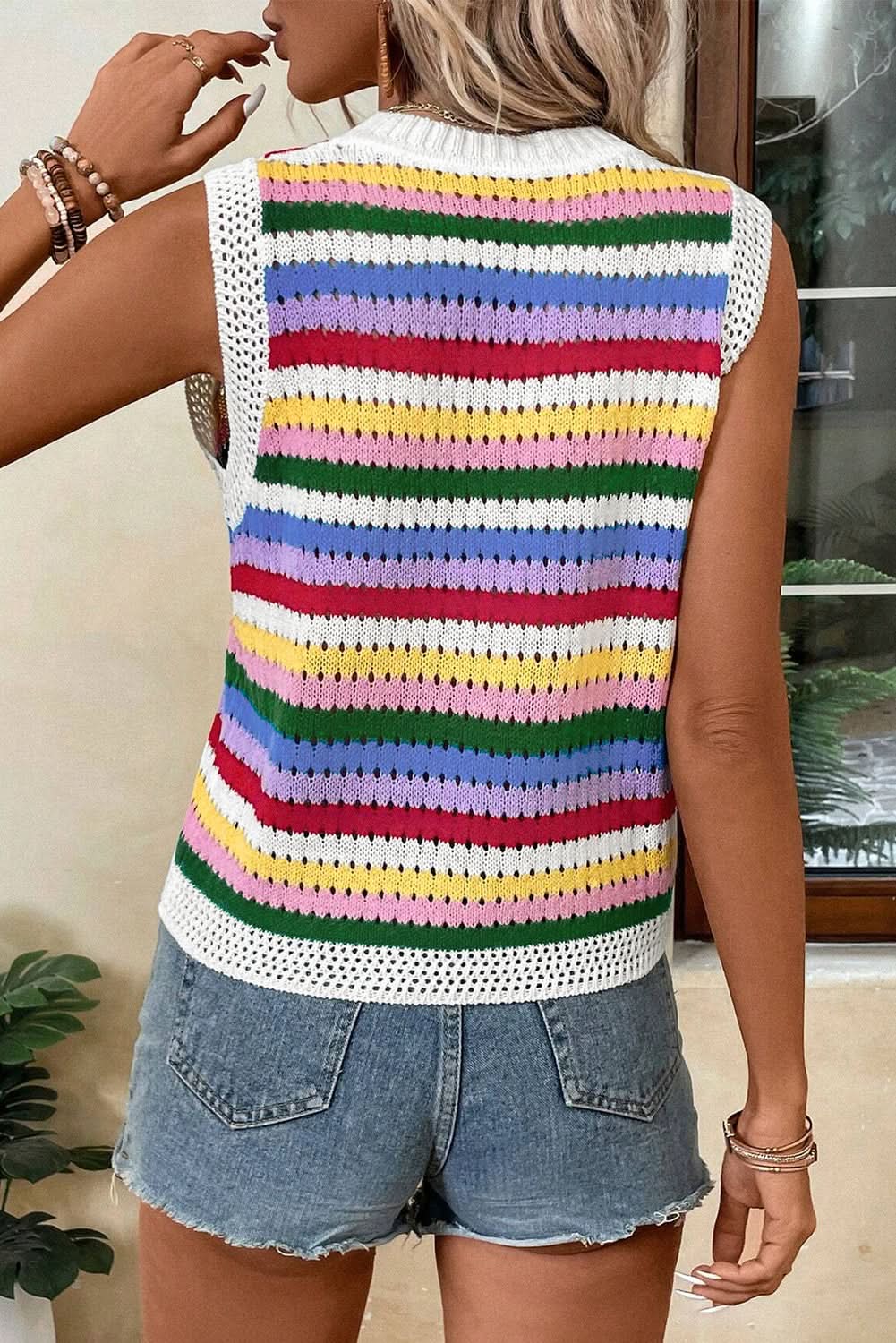Sweaters Love Salve Vibrant striped knitted vest with eyelet detail