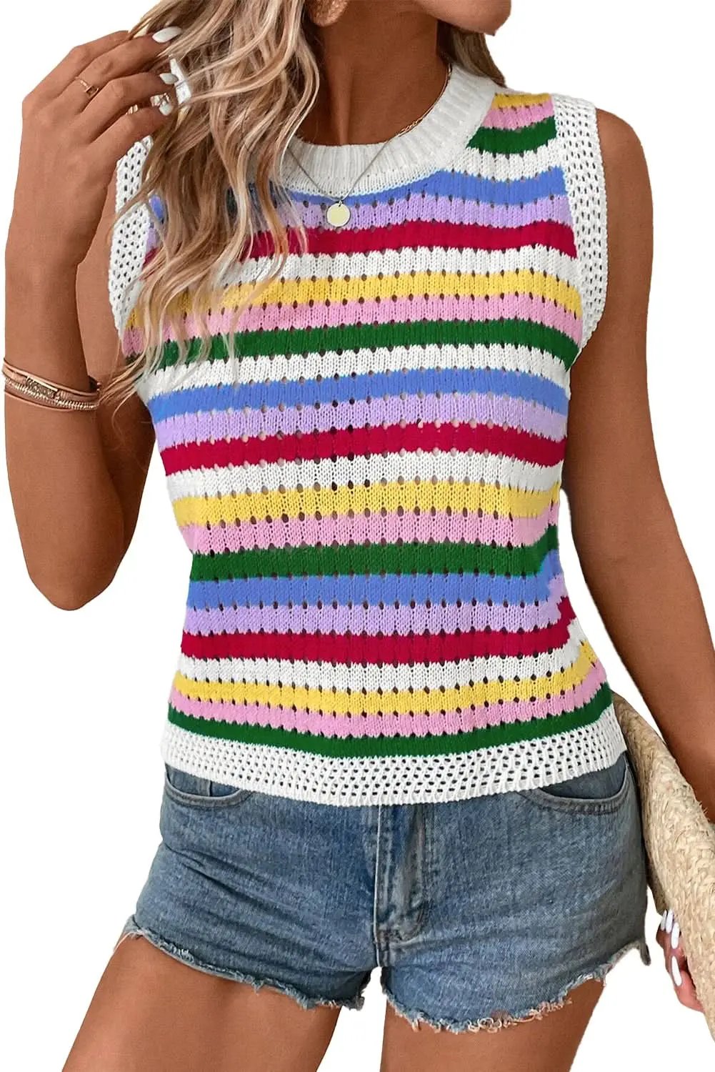 Sweaters Love Salve Vibrant striped knitted vest with eyelet detail