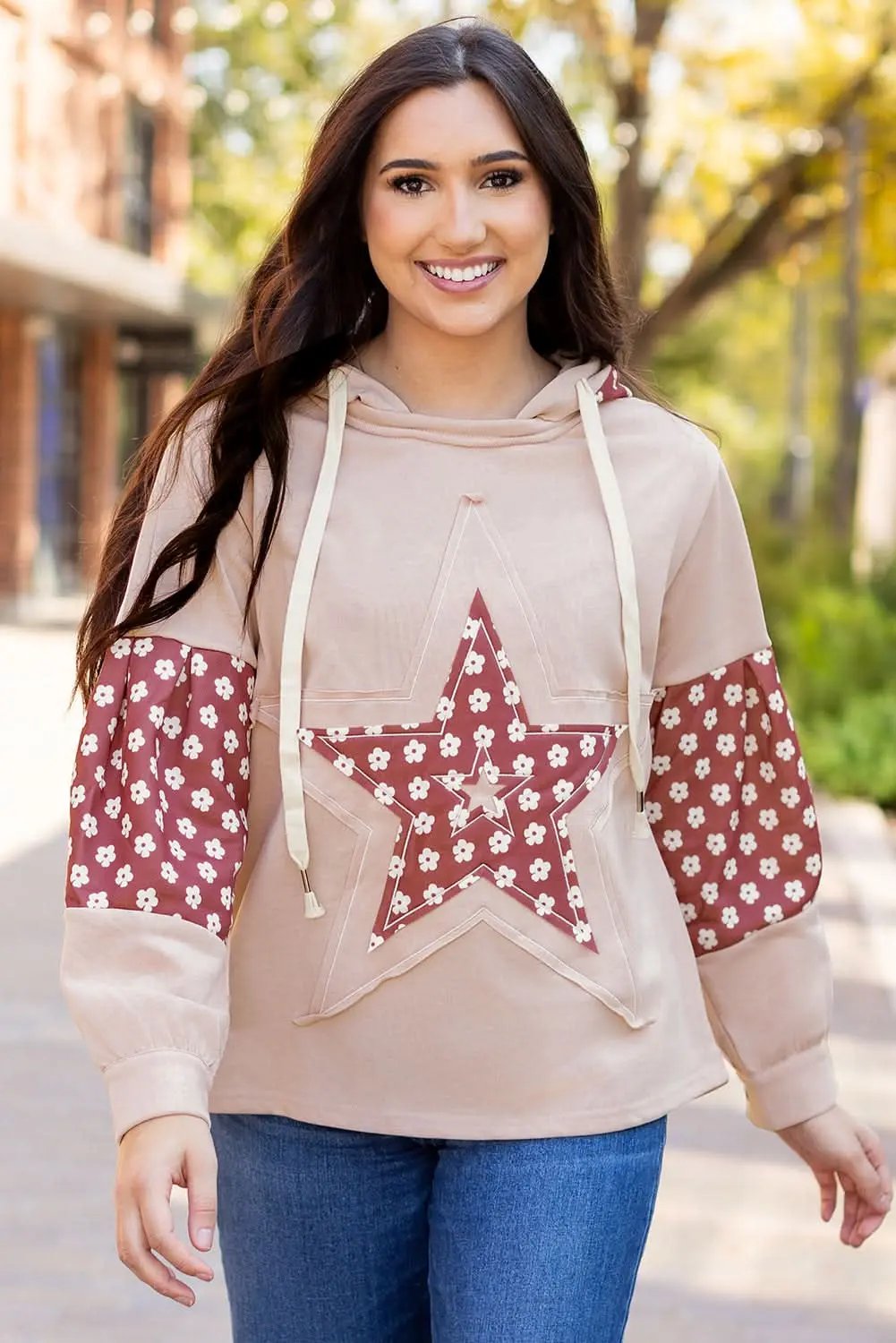 Women's Hoodie - Floral Star Patchwork - Casual Winter Top