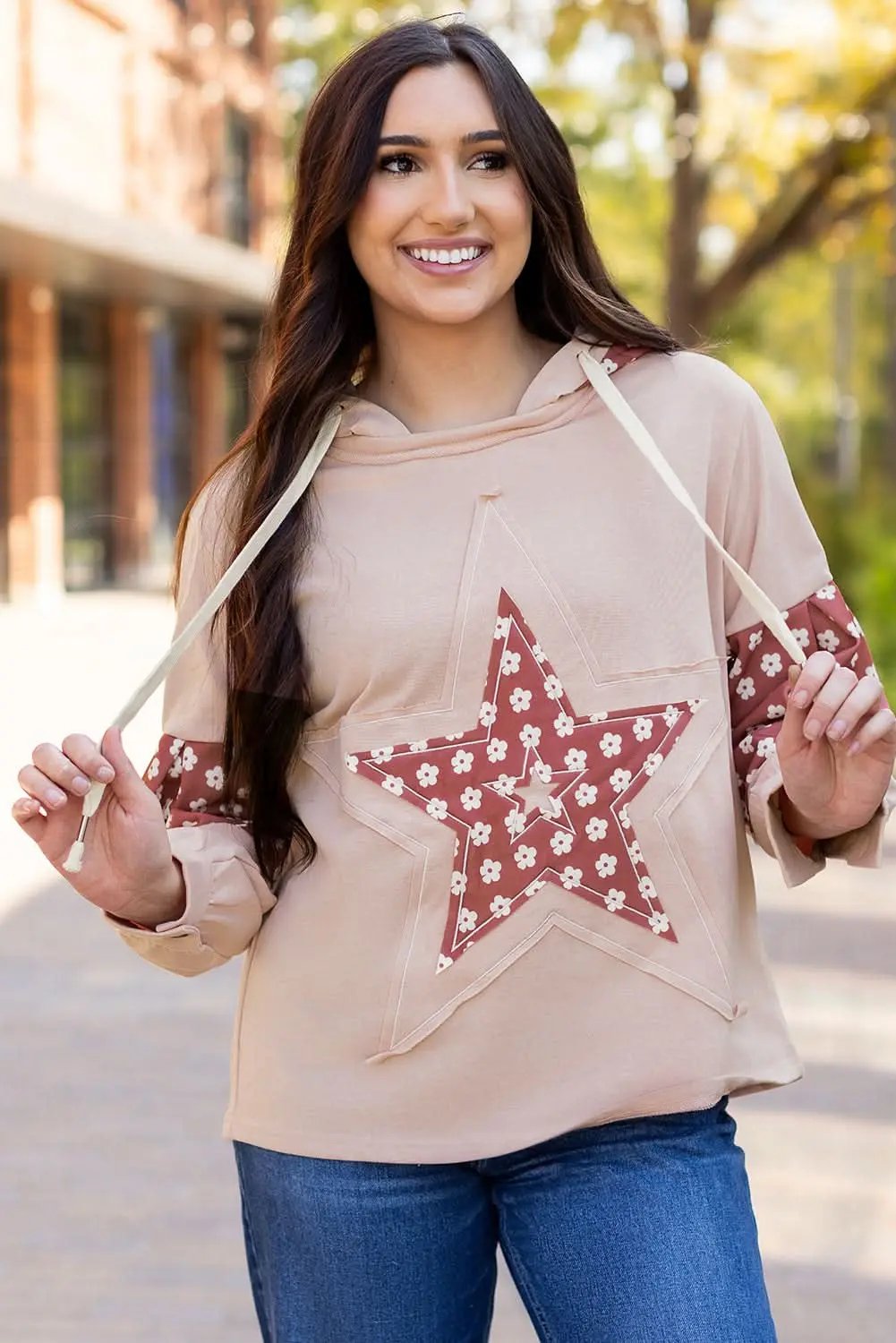 Women's Hoodie - Floral Star Patchwork - Casual Winter Top