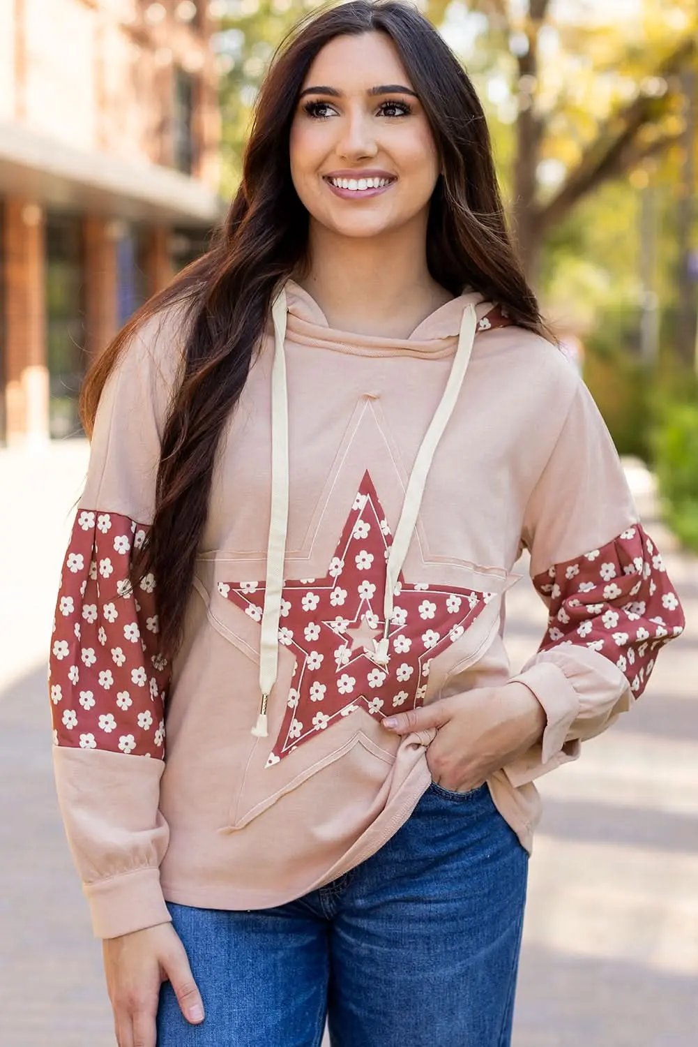 Women's Hoodie - Floral Star Patchwork - Casual Winter Top