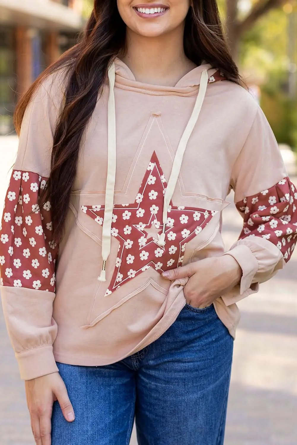 Women's Hoodie - Floral Star Patchwork - Casual Winter Top