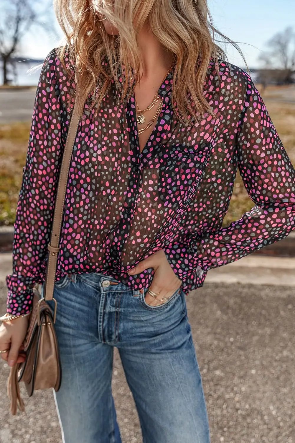 Love Salve Polka Dot Printed Shirt Purple — Casual Button-Up Blouse