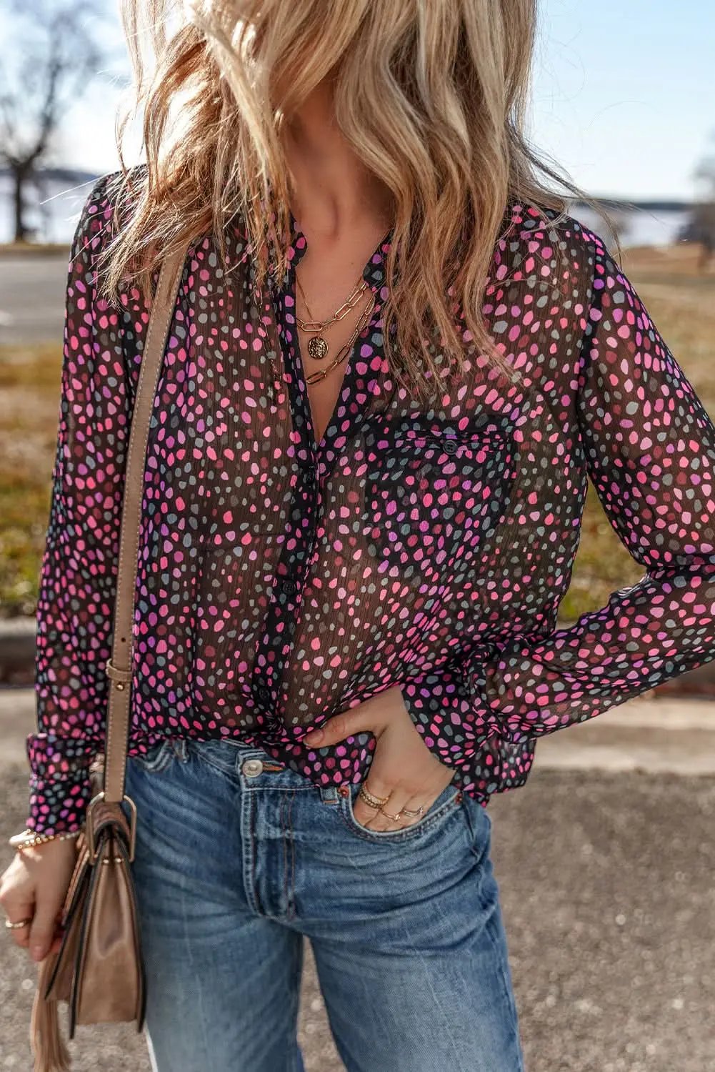 Love Salve Polka Dot Printed Shirt Purple — Casual Button-Up Blouse