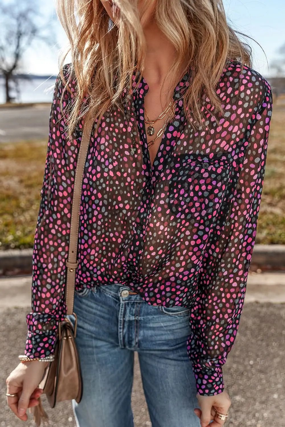 Love Salve Polka Dot Printed Shirt Purple — Casual Button-Up Blouse