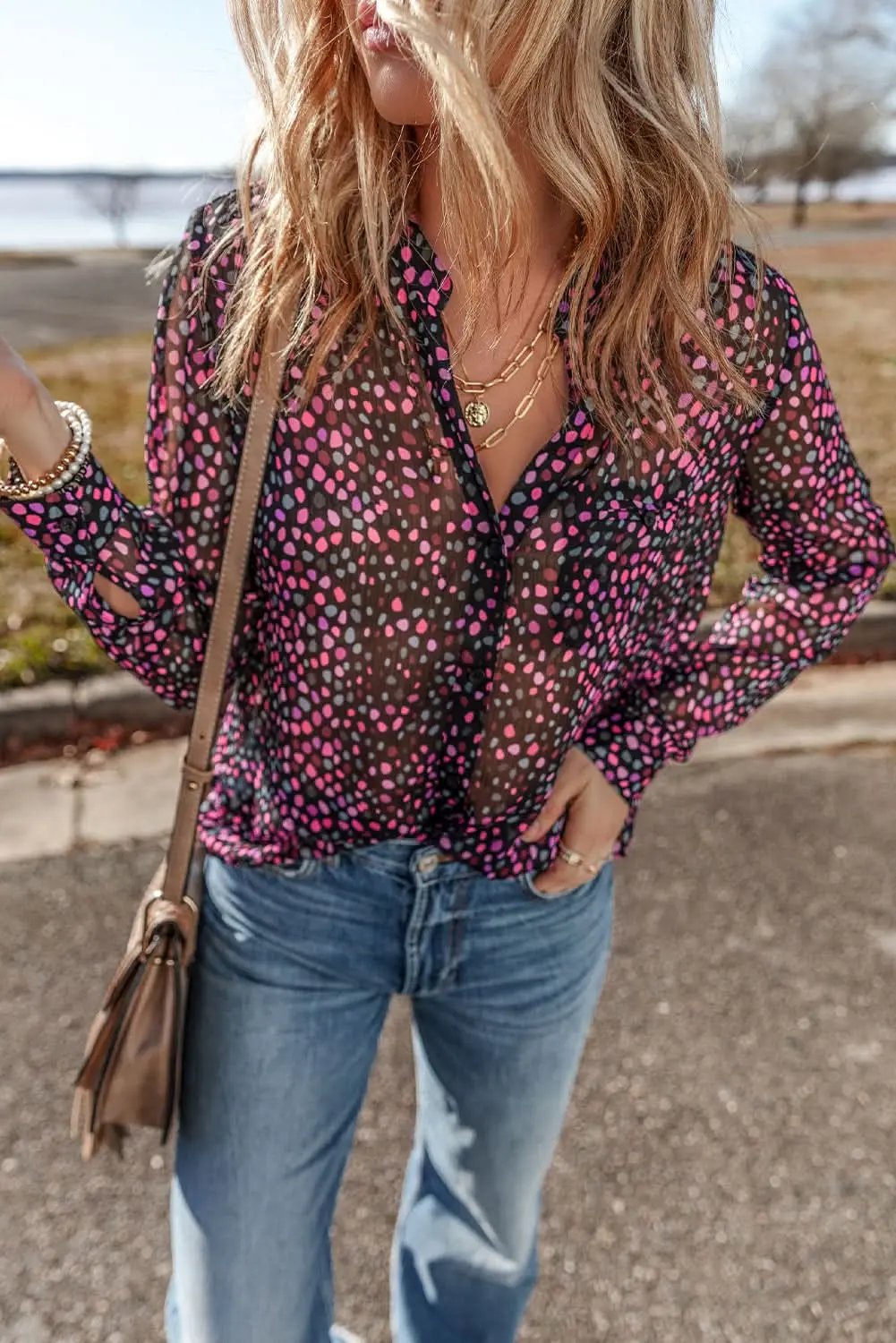 Love Salve Polka Dot Printed Shirt Purple — Casual Button-Up Blouse