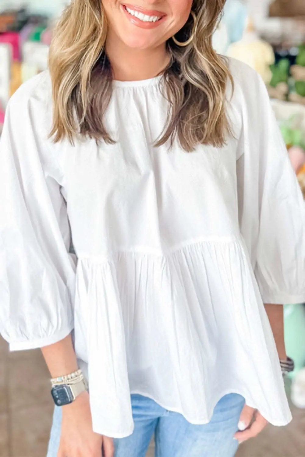 Tops/Blouses & Shirts Love Salve White Bow Knot Cutout Back Loose Fit 3/4 Sleeve Bl