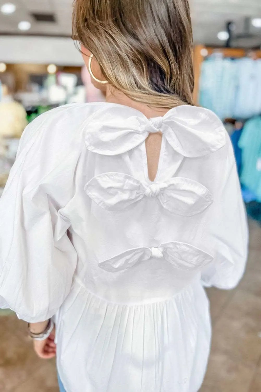 Tops/Blouses & Shirts Love Salve White Bow Knot Cutout Back Loose Fit 3/4 Sleeve Bl