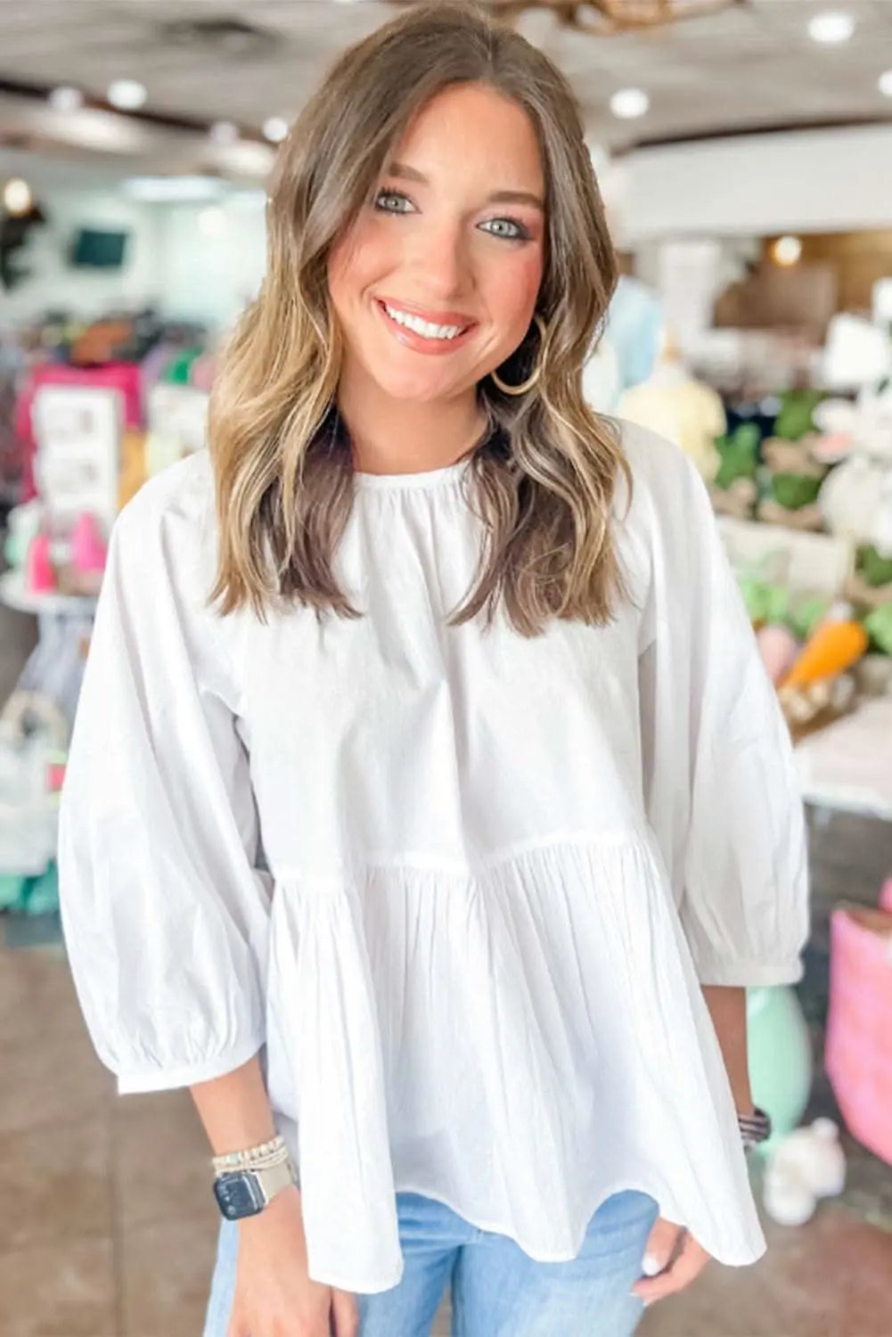 Tops/Blouses & Shirts Love Salve White Bow Knot Cutout Back Loose Fit 3/4 Sleeve Bl