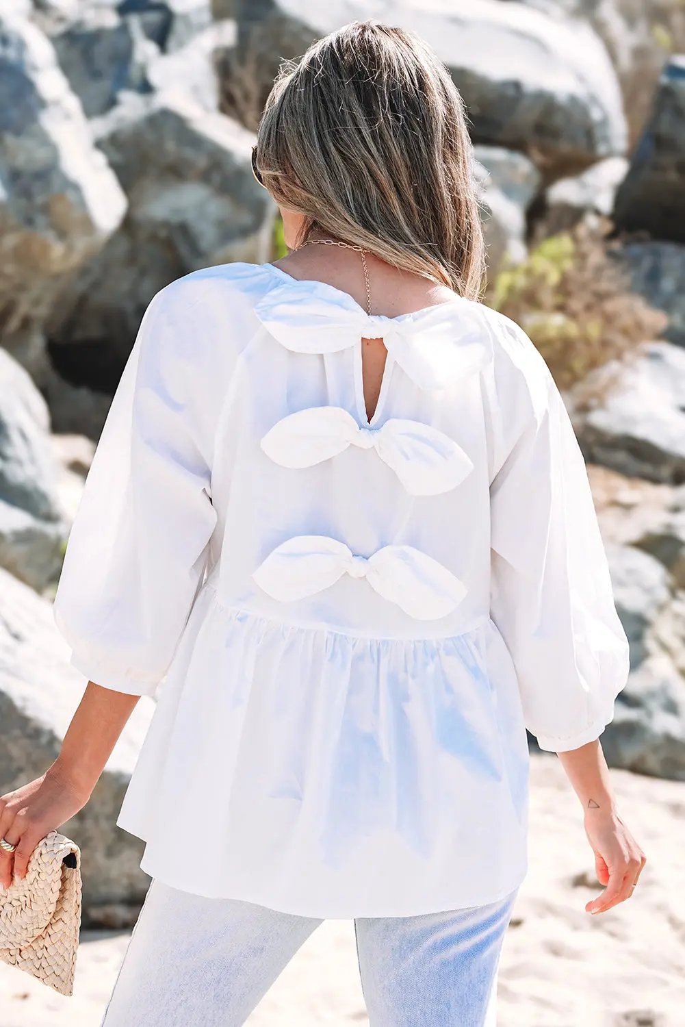 Tops/Blouses & Shirts Love Salve White Bow Knot Cutout Back Loose Fit 3/4 Sleeve Bl