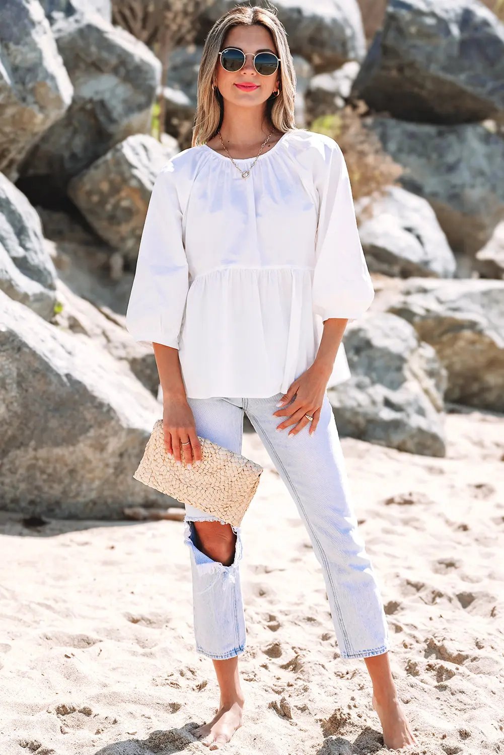 Tops/Blouses & Shirts Love Salve White Bow Knot Cutout Back Loose Fit 3/4 Sleeve Bl