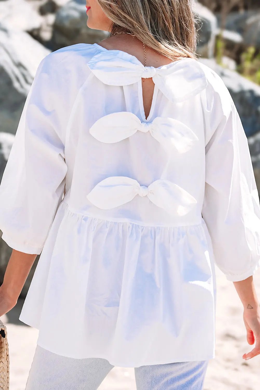 Tops/Blouses & Shirts Love Salve White Bow Knot Cutout Back Loose Fit 3/4 Sleeve Bl
