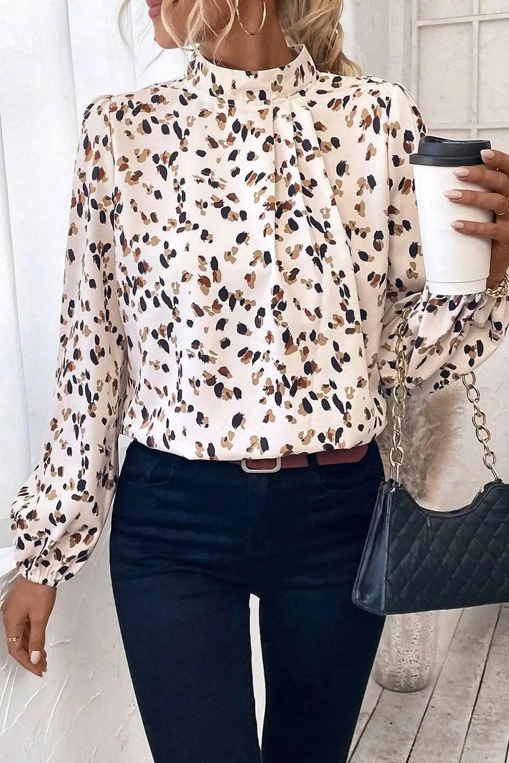 Tops/Blouses & Shirts Love Salve White Leopard Print Lantern Sleeve Mock Neck Pleat