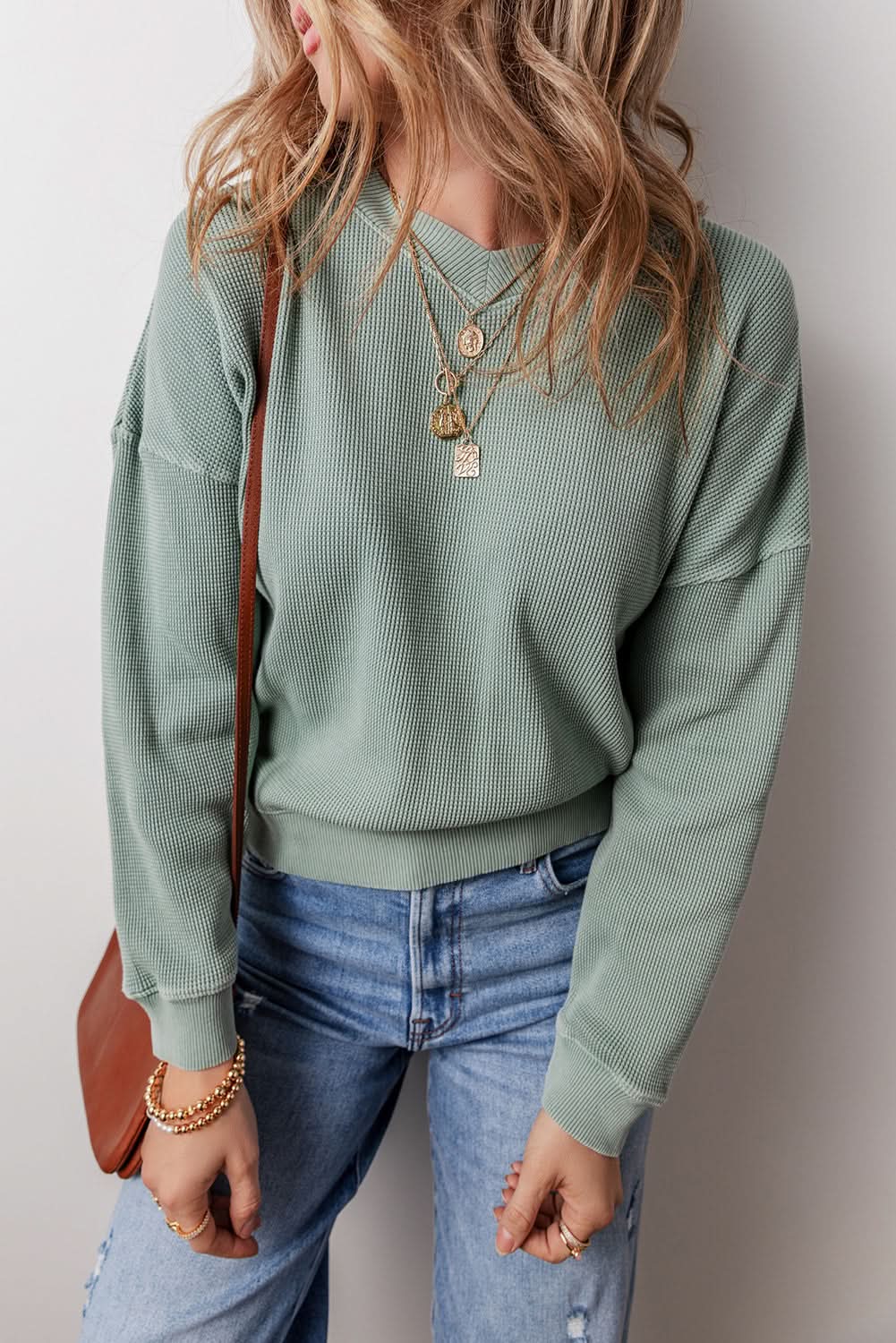 Sweaters Love Salve Green Waffle Knit Top Women's Daily V-Neck Casual Cozy