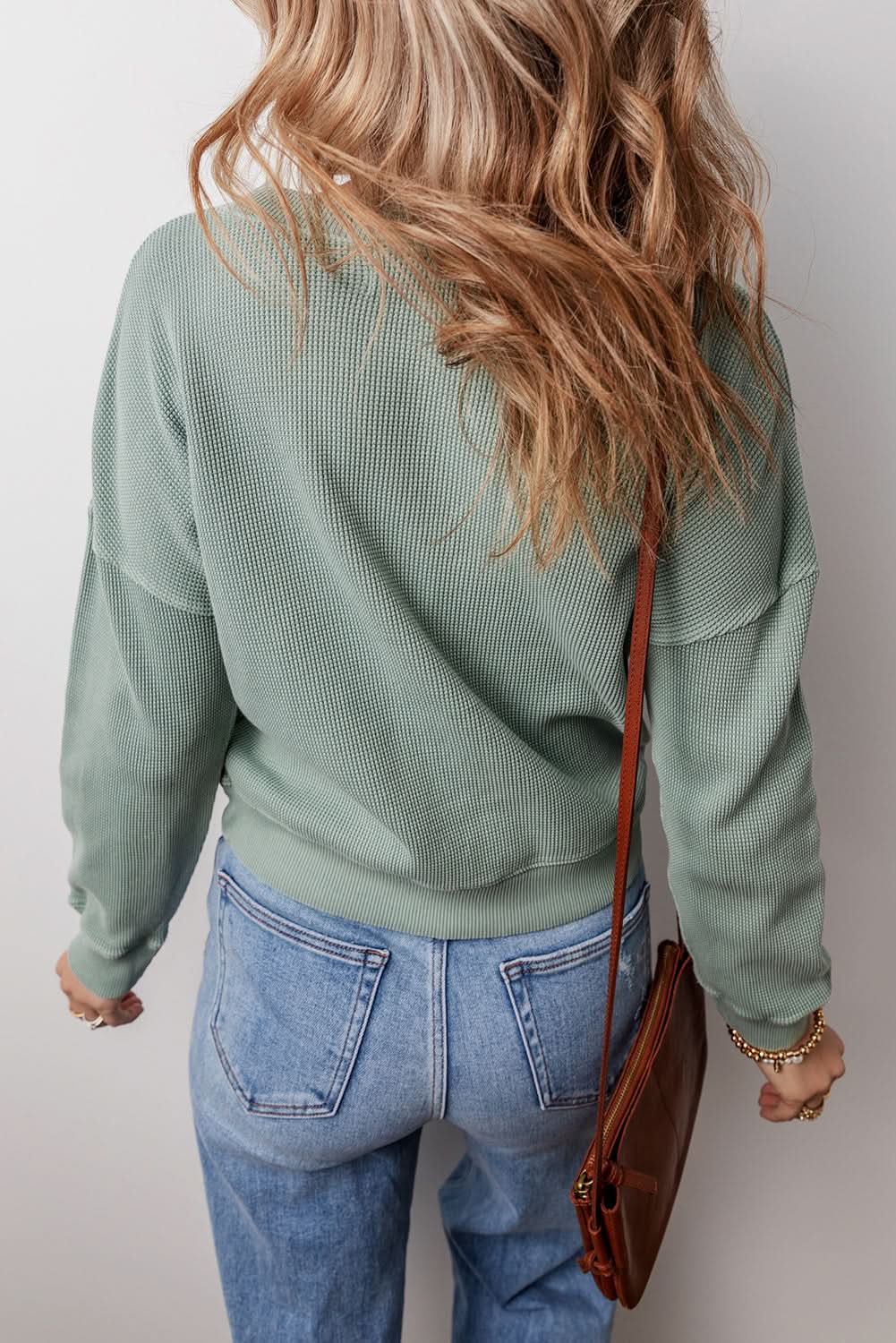 Sweaters Love Salve Green Waffle Knit Top Women's Daily V-Neck Casual Cozy