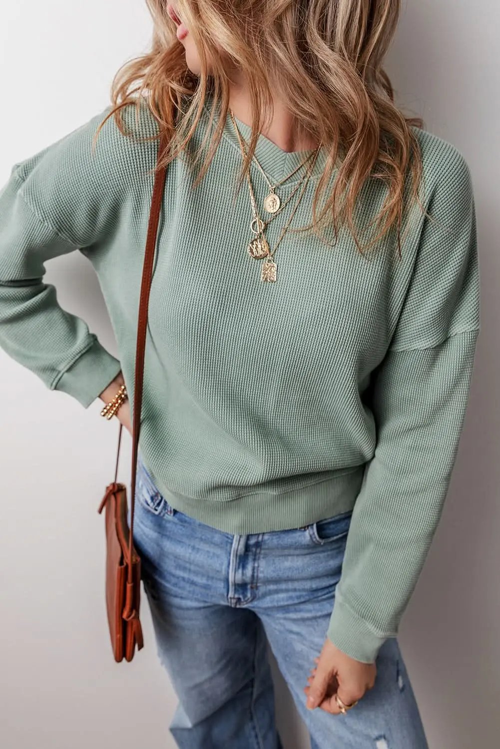 Sweaters Love Salve Green Waffle Knit Top Women's Daily V-Neck Casual Cozy