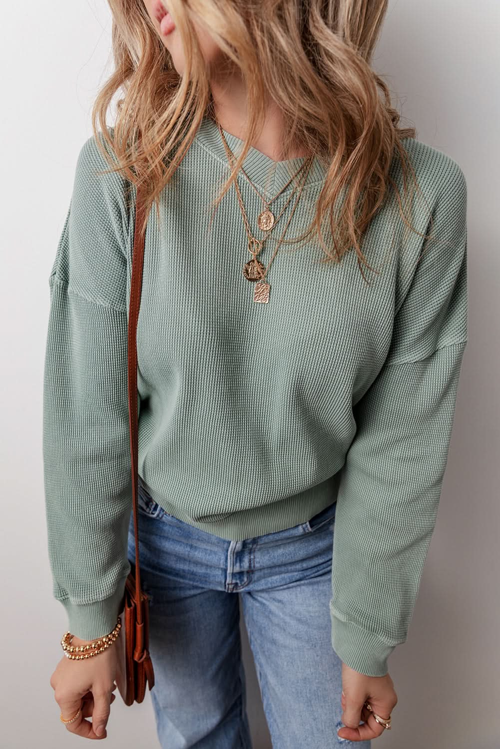 Sweaters Love Salve Green Waffle Knit Top Women's Daily V-Neck Casual Cozy