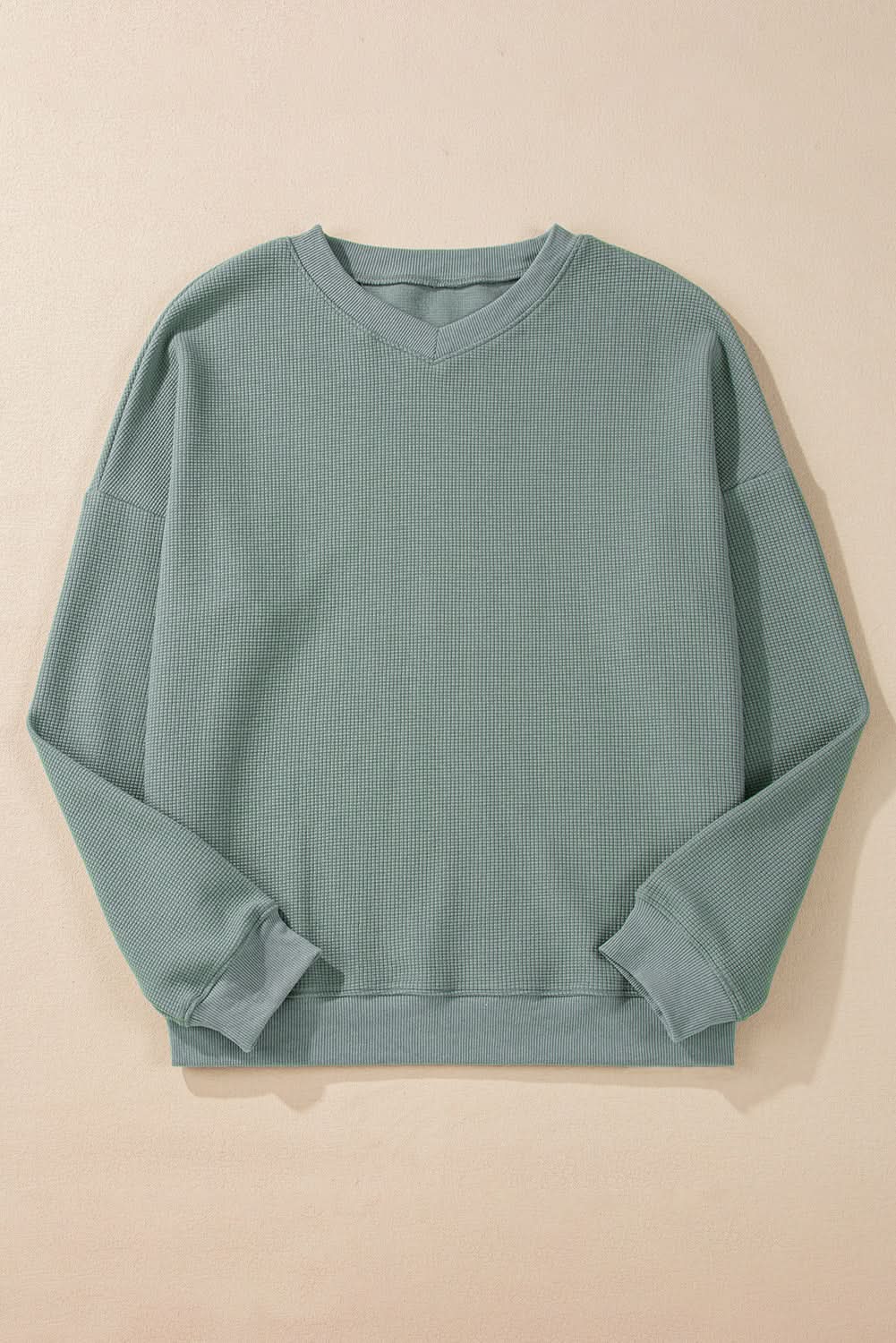 Sweaters Love Salve Green Waffle Knit Top Women's Daily V-Neck Casual Cozy