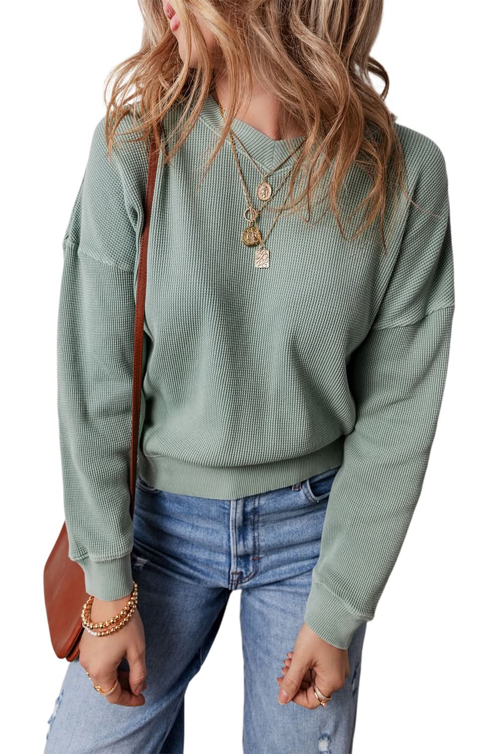 Sweaters Love Salve Green Waffle Knit Top Women's Daily V-Neck Casual Cozy