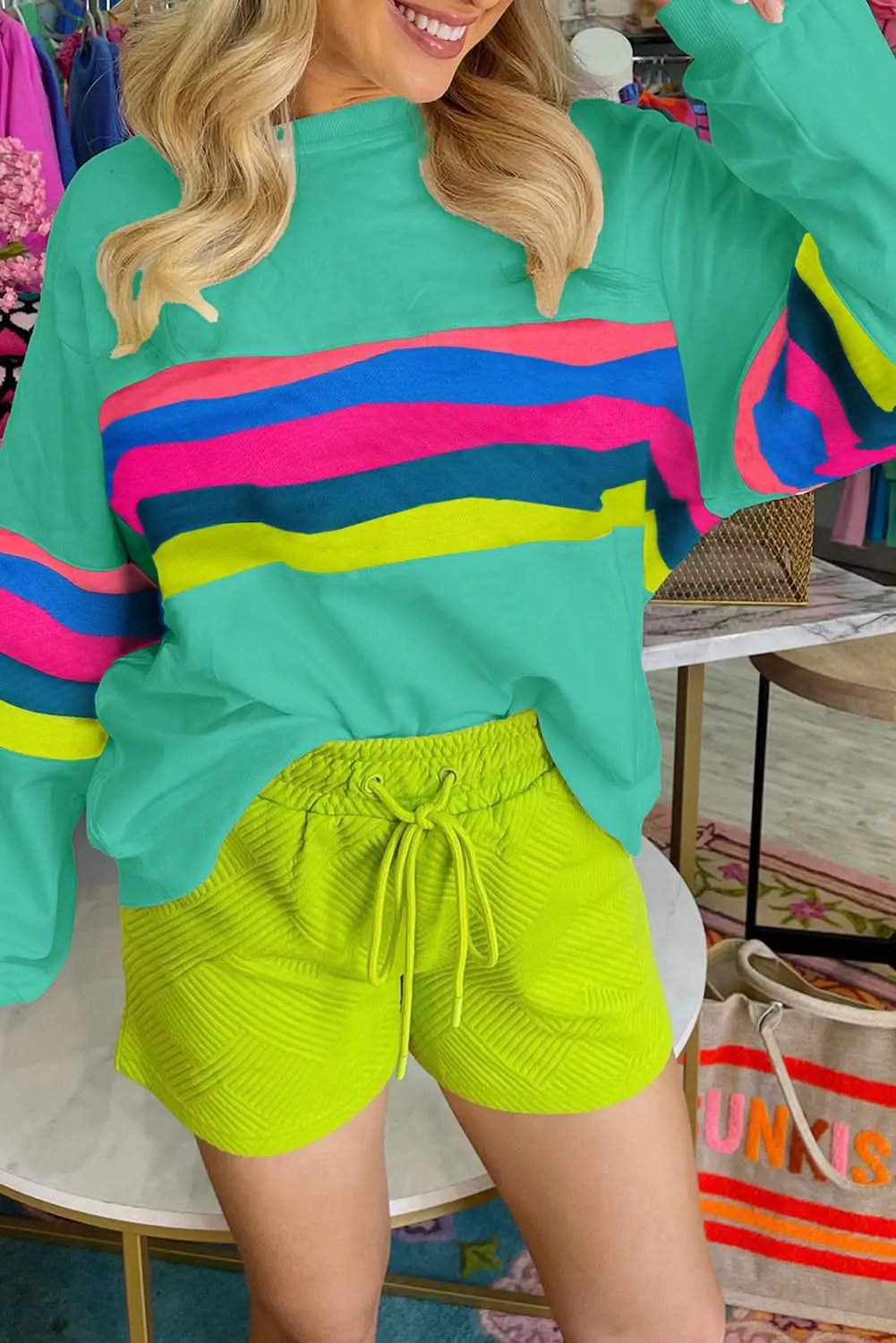 Pants Love Salve Green Colorful Striped Accent Long Sleeve T Shirt
