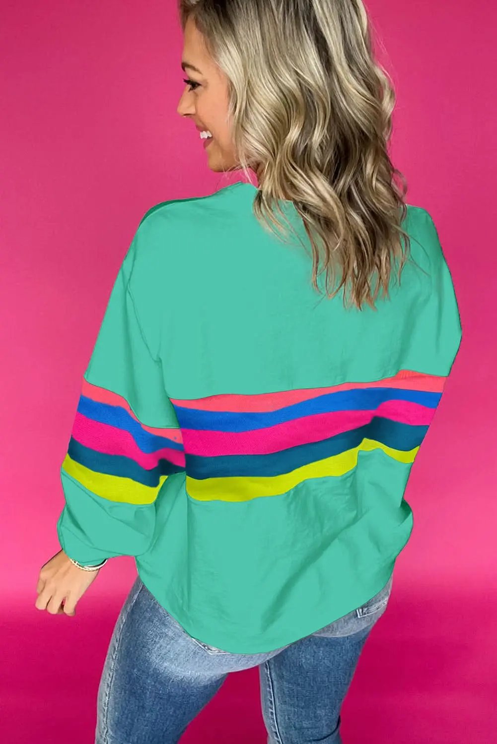 Pants Love Salve Green Colorful Striped Accent Long Sleeve T Shirt