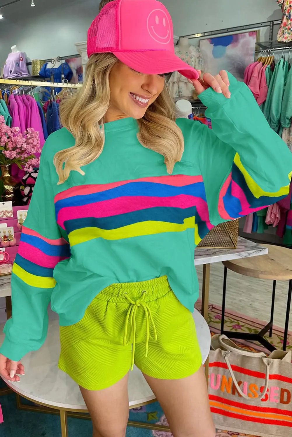 Pants Love Salve Green Colorful Striped Accent Long Sleeve T Shirt