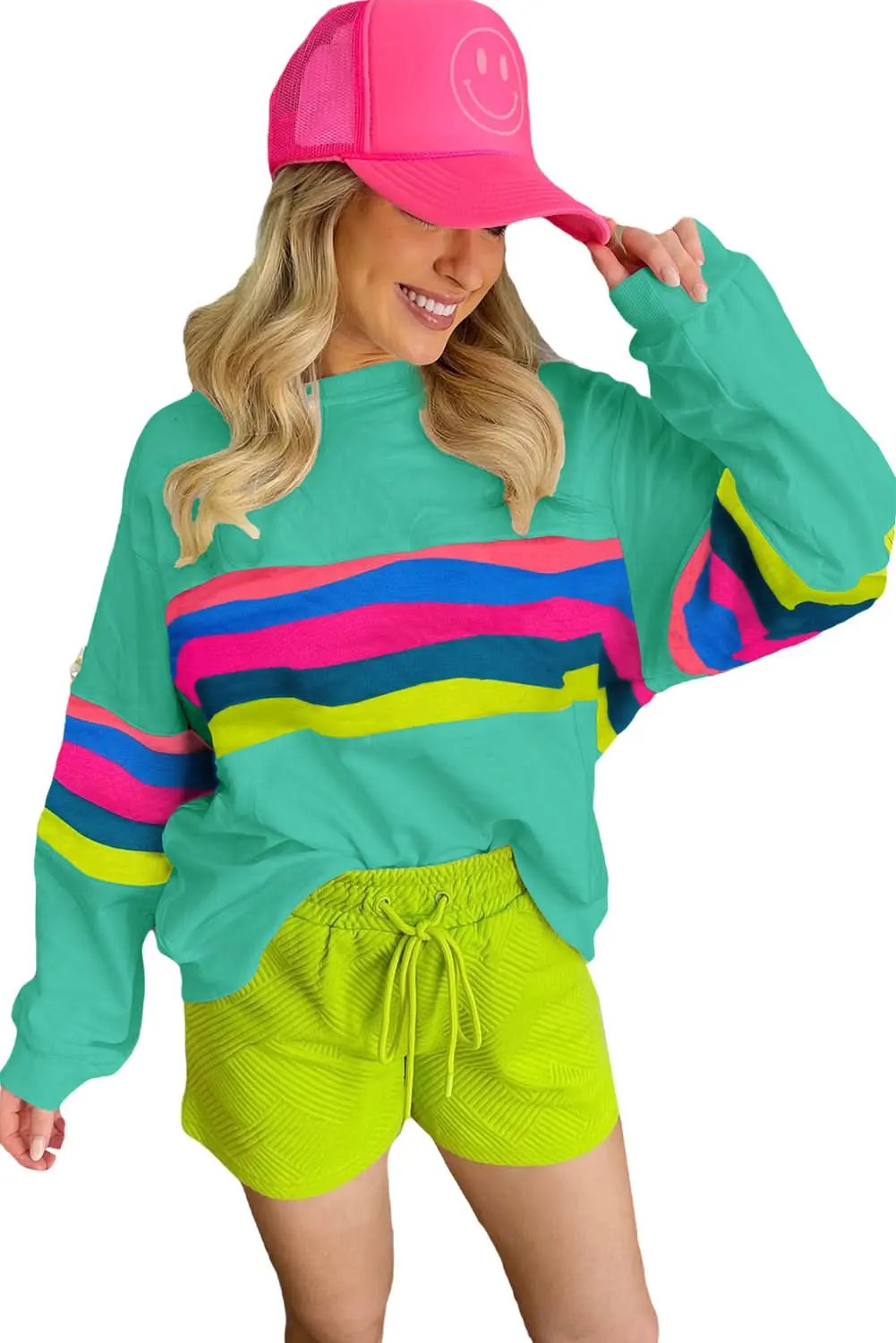 Pants Love Salve Green Colorful Striped Accent Long Sleeve T Shirt